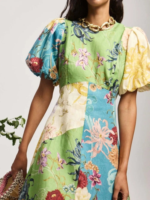 Printed Round Neck Puff Sleeve Dress Crimson Medea