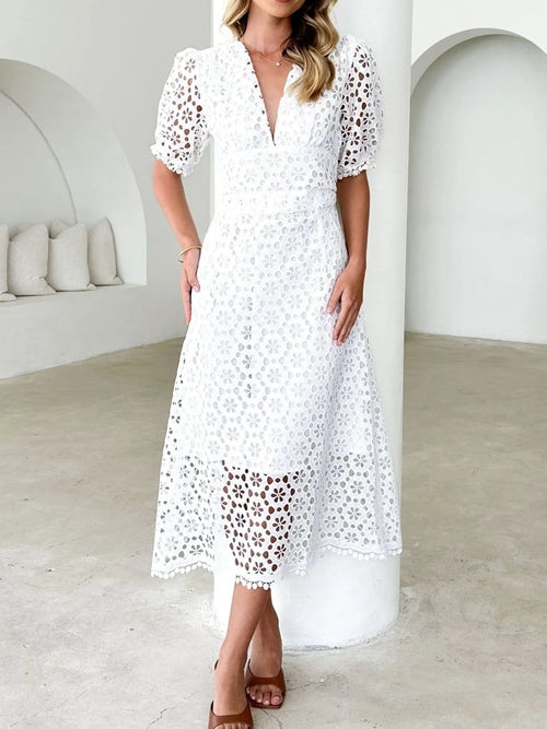Eyelet Lace V-Neck Midi Dress with Puff Sleeves Crimson Medea