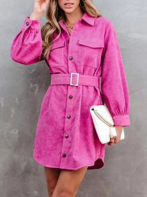Button Front Belt Long Sleeve Corduroy Dress Crimson Medea