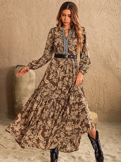 Printed Ruched Long Sleeve Maxi Dress - Elegant Notched Neck Style Crimson Medea