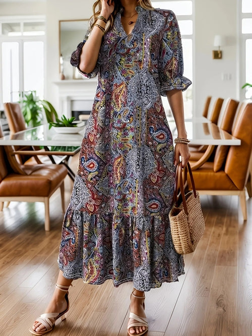 Paisley Print Ruffle Midi Dress - Plus Size Boho Style Crimson Medea