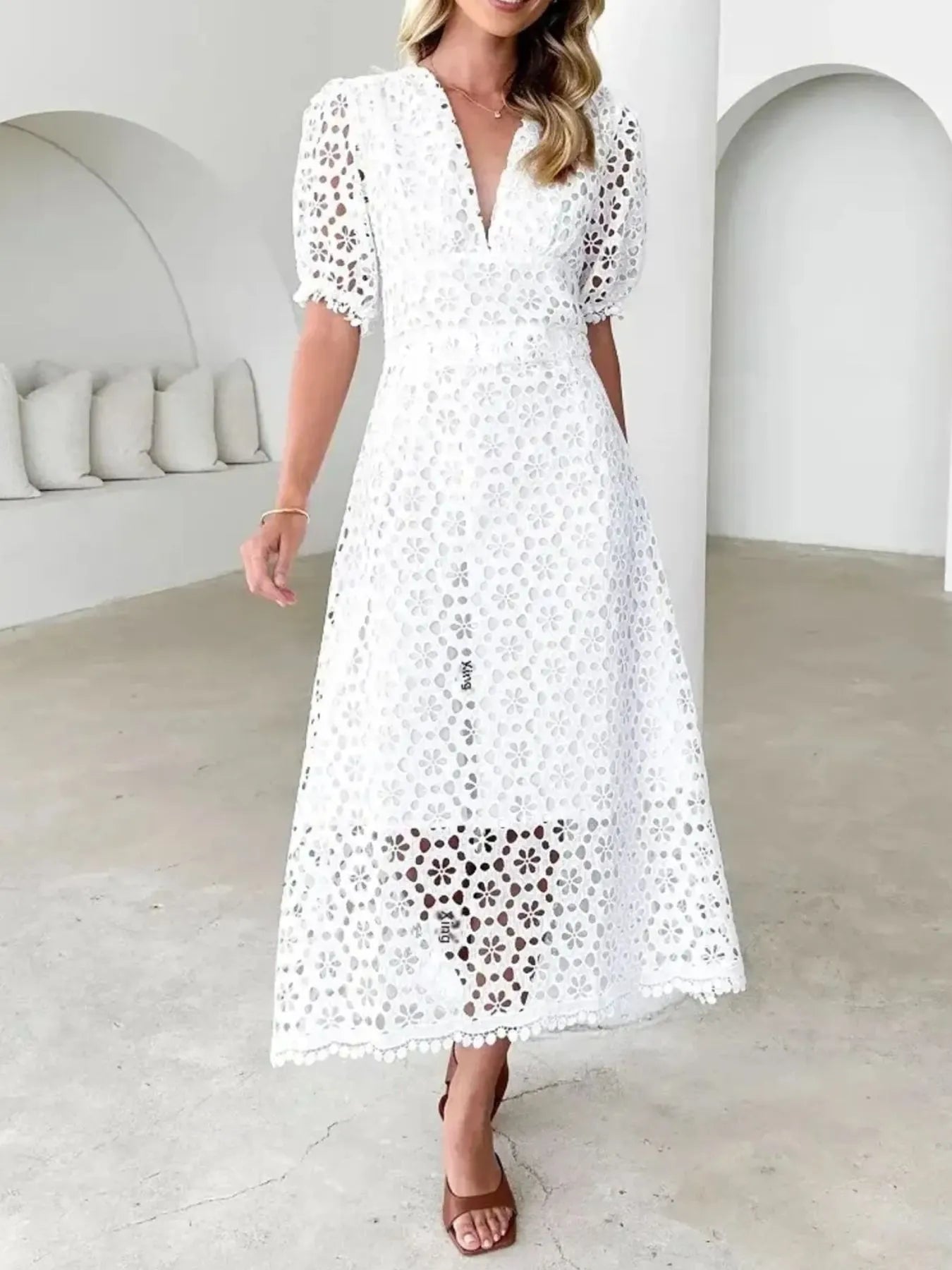 Eyelet Lace V-Neck Midi Dress with Puff Sleeves Crimson Medea