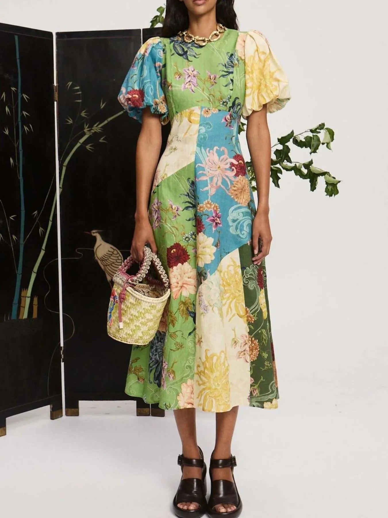 Printed Round Neck Puff Sleeve Dress Crimson Medea