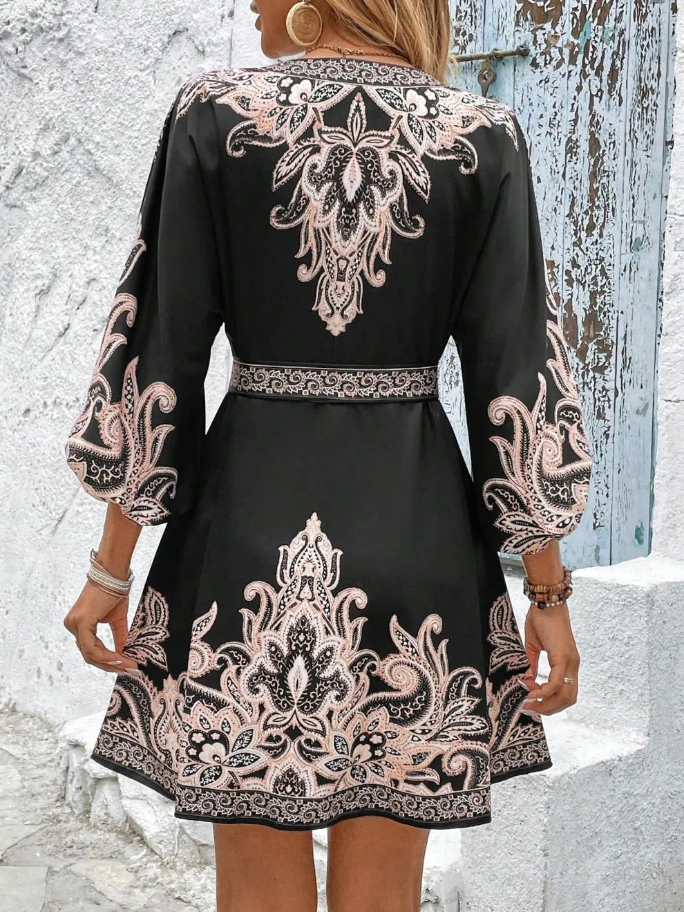 Paisley V-Neck 3/4 Sleeve Mini Dress – Elegant Boho Style Crimson Medea