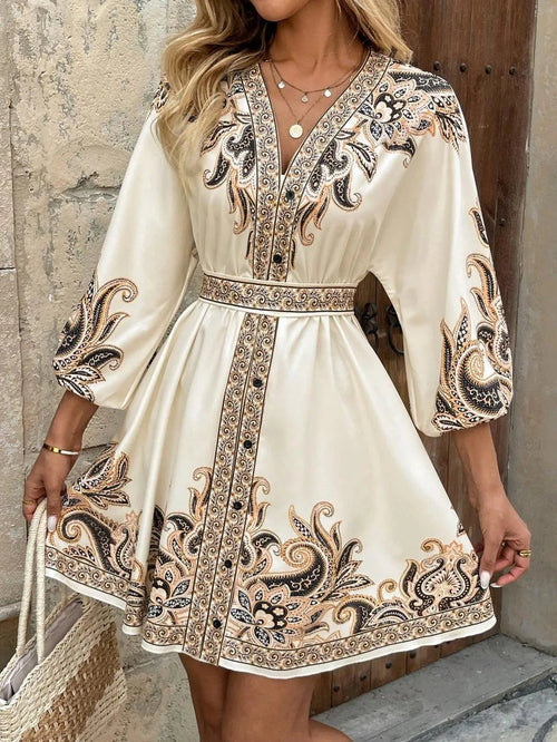Paisley V-Neck 3/4 Sleeve Mini Dress – Elegant Boho Style Crimson Medea