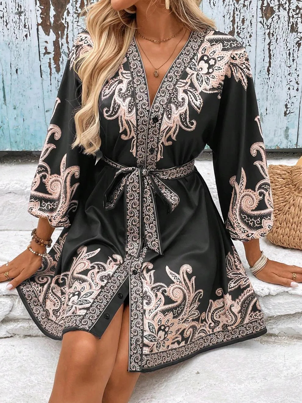 Paisley V-Neck 3/4 Sleeve Mini Dress – Elegant Boho Style Crimson Medea