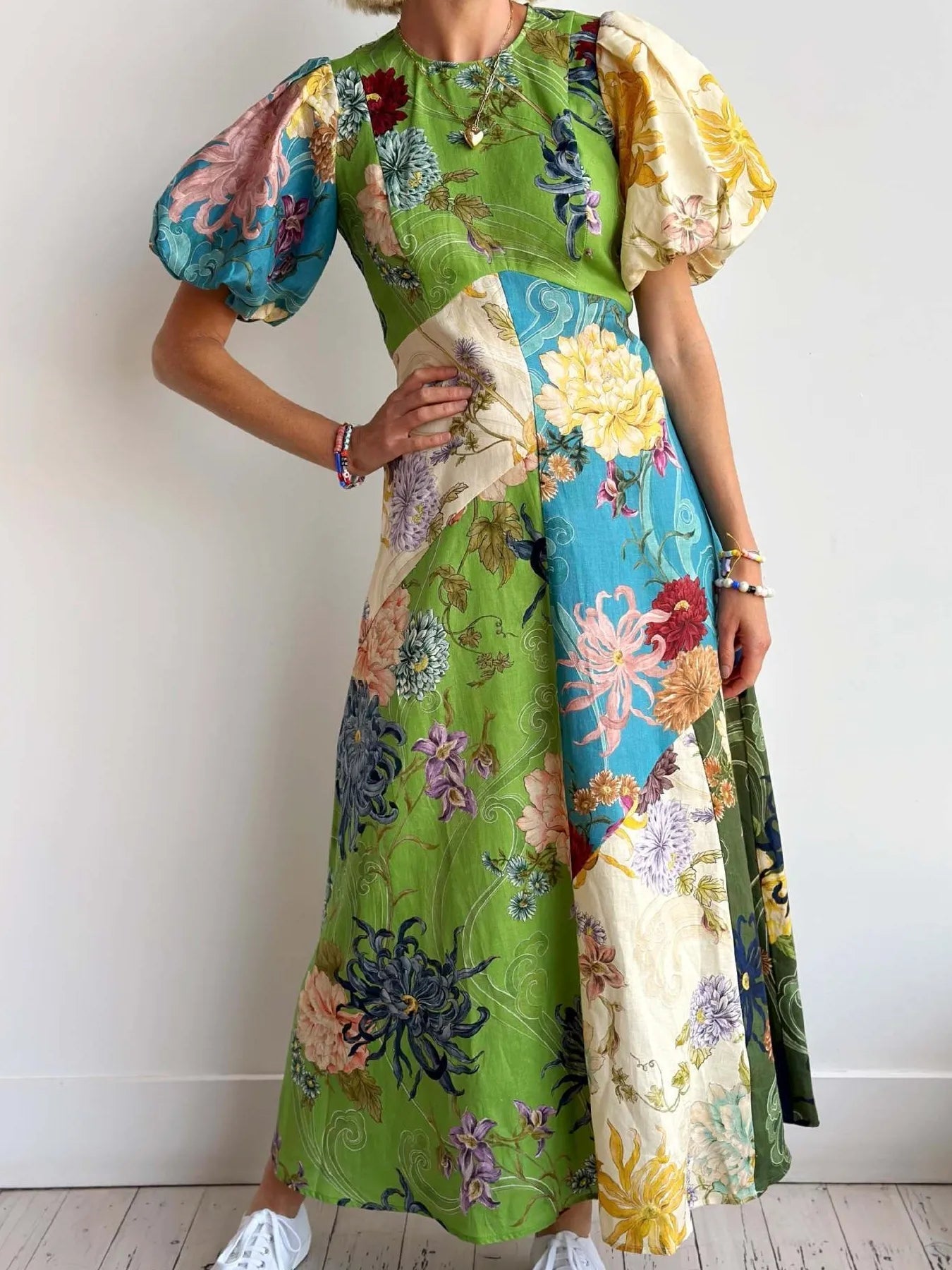 Printed Round Neck Puff Sleeve Dress Crimson Medea