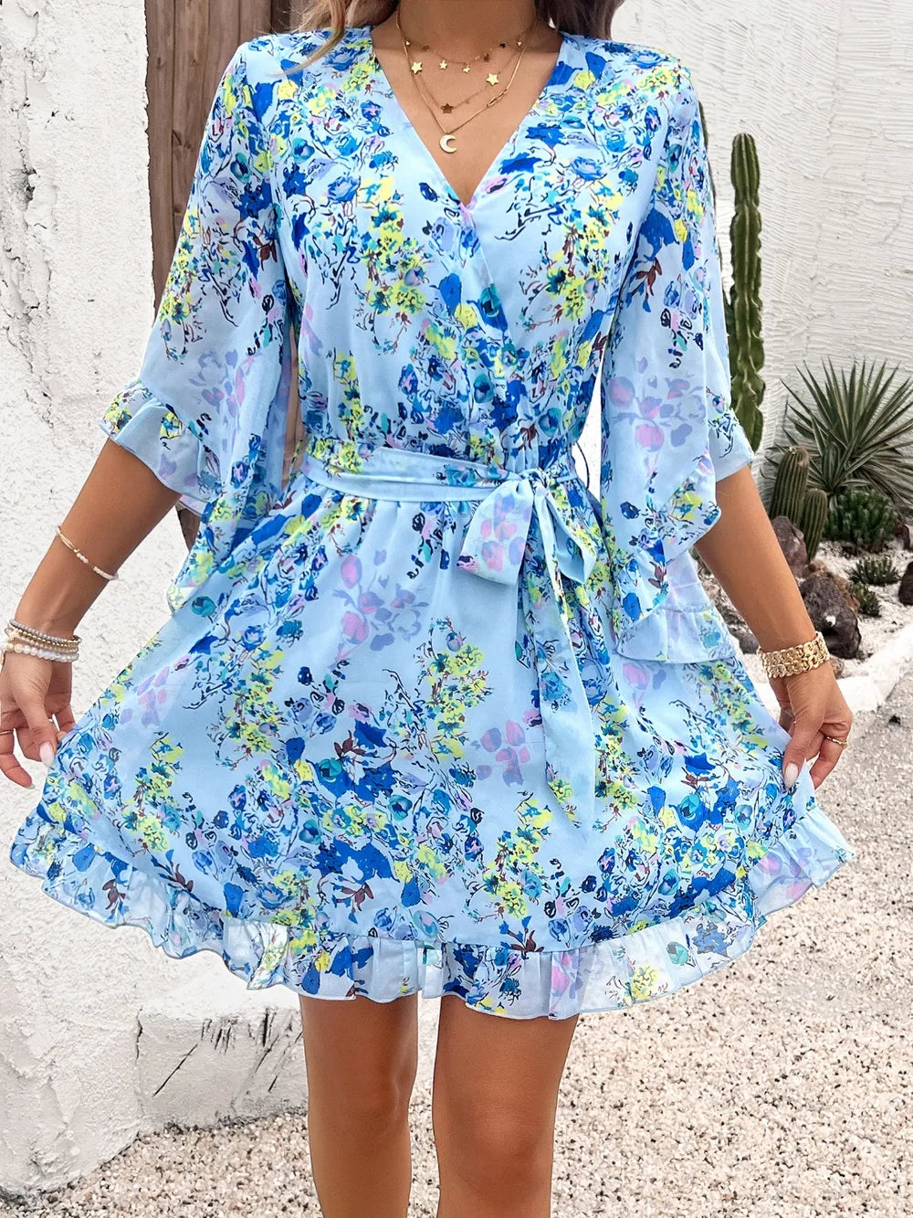 Ruffled Printed Mini Dress with Surplice Neckline and Half Sleeves Crimson Medea