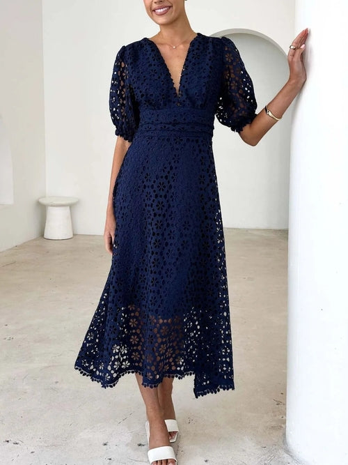 Eyelet Lace V-Neck Midi Dress with Puff Sleeves Crimson Medea