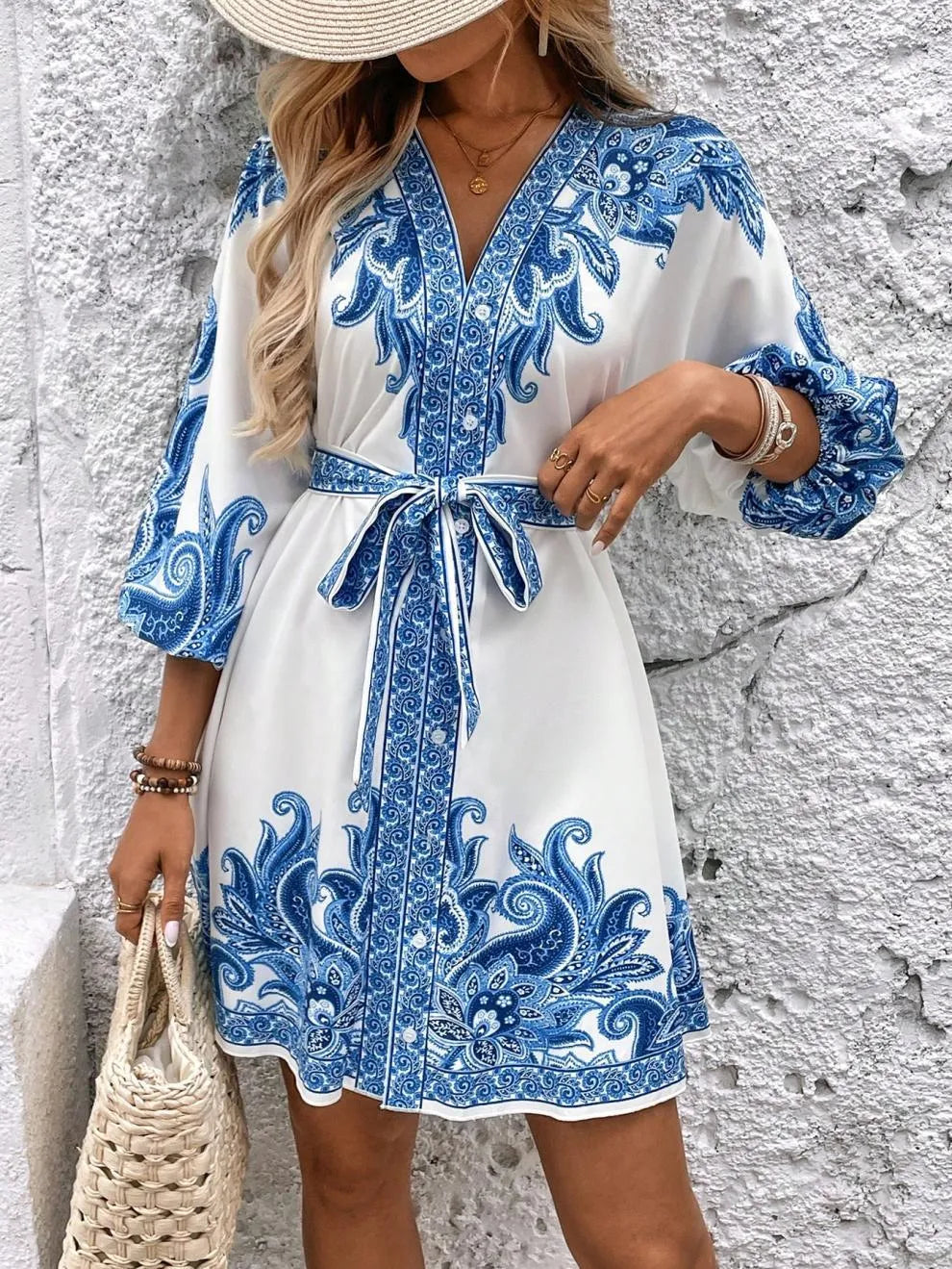Paisley V-Neck 3/4 Sleeve Mini Dress – Elegant Boho Style Crimson Medea