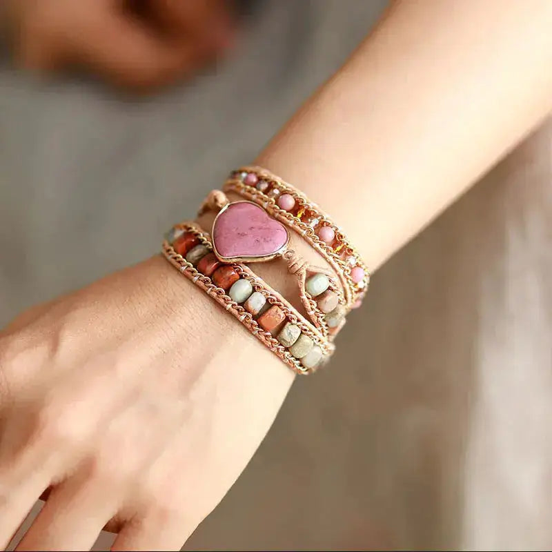 Rhodonite Heart Wrap Bracelet Copper Pallas
