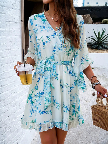 Ruffled Printed Mini Dress with Surplice Neckline and Half Sleeves Crimson Medea