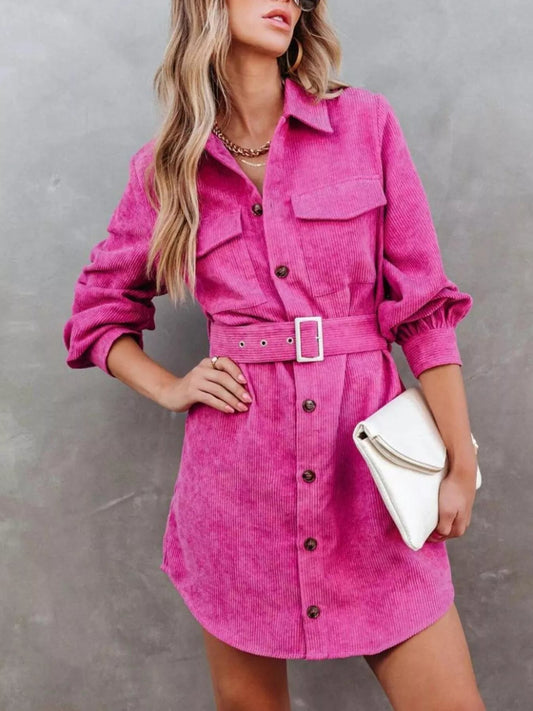 Button Front Belt Long Sleeve Corduroy Dress Crimson Medea