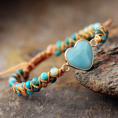Amazonite Heart Charm Macrame Bracelet Copper Pallas