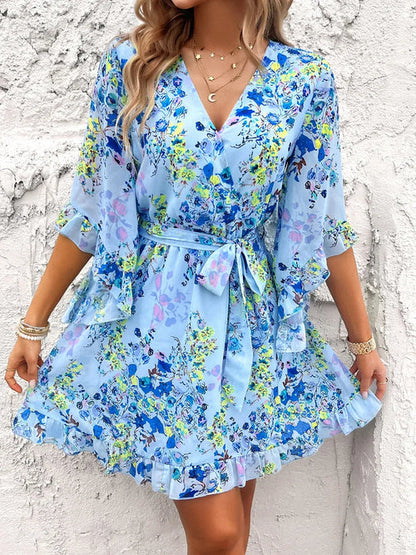 Ruffled Printed Mini Dress with Surplice Neckline and Half Sleeves Crimson Medea