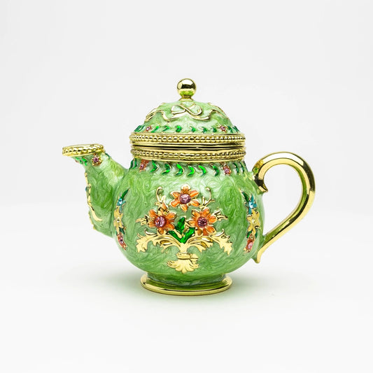 Green Teapot Enamel Decorative Box with Sparkling Austrian Crystals - Collectible Gift Piece Orchid Menoetius
