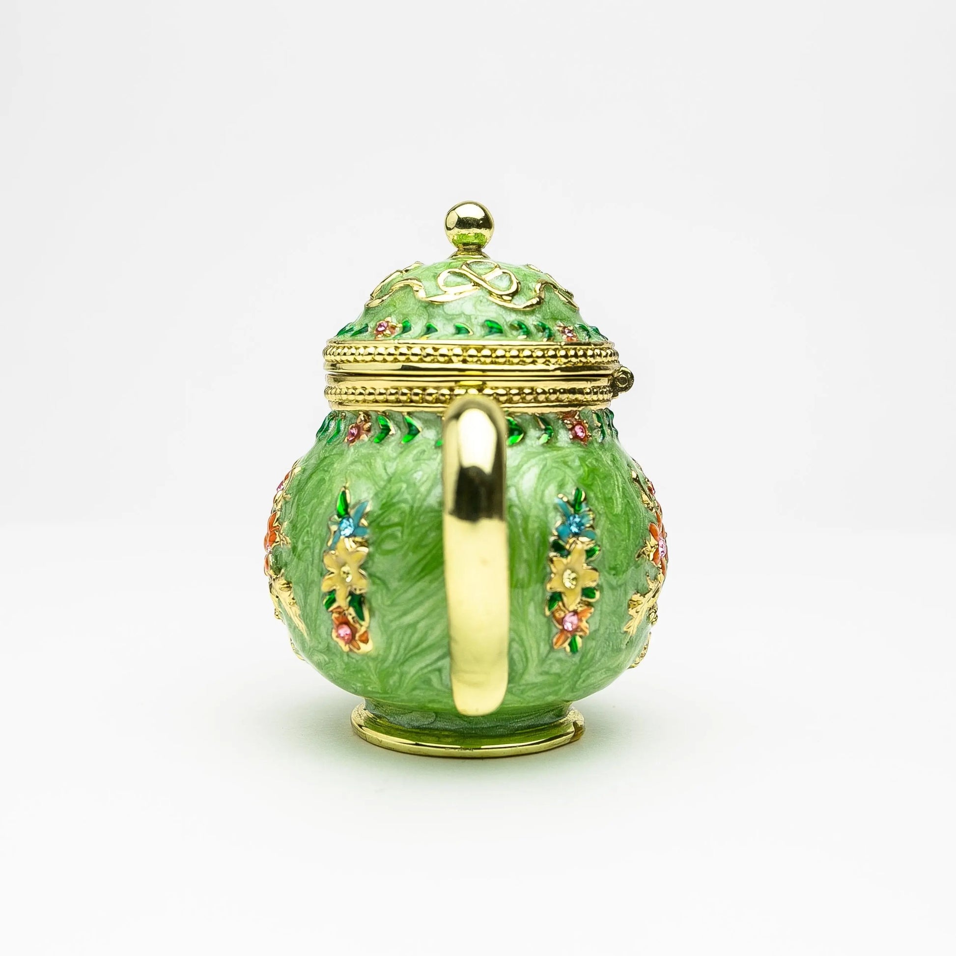Green Teapot Enamel Decorative Box with Sparkling Austrian Crystals - Collectible Gift Piece Orchid Menoetius