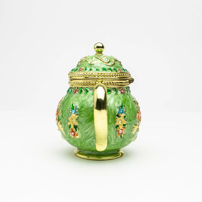 Green Teapot Enamel Decorative Box with Sparkling Austrian Crystals - Collectible Gift Piece Orchid Menoetius