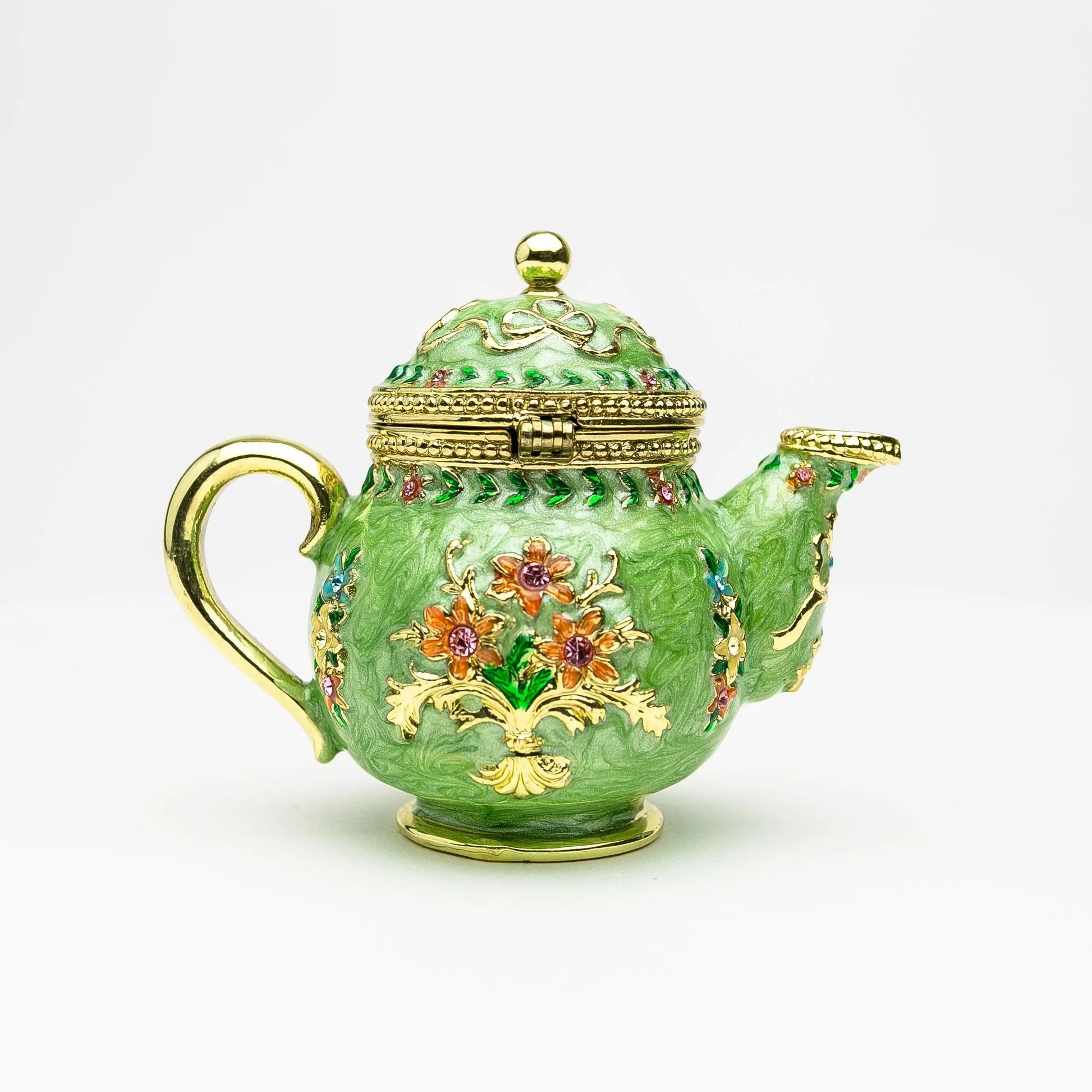 Green Teapot Enamel Decorative Box with Sparkling Austrian Crystals - Collectible Gift Piece Orchid Menoetius