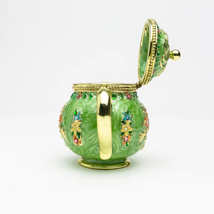 Green Teapot Enamel Decorative Box with Sparkling Austrian Crystals - Collectible Gift Piece Orchid Menoetius