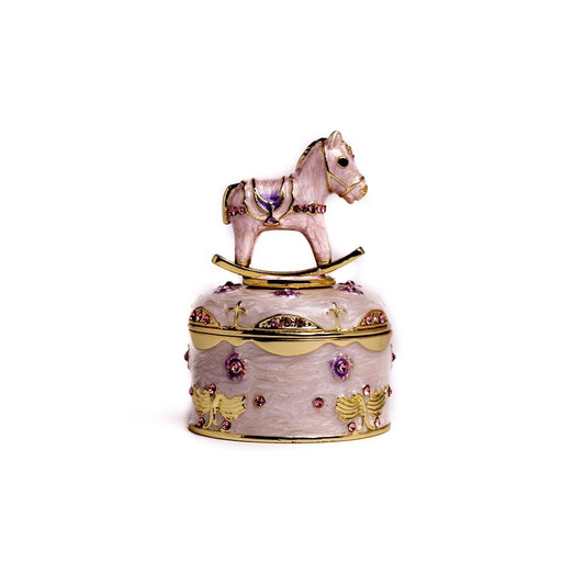 Pink Rocking Horse Music Box - Enamel Painted & Crystal Embellished Collectible Orchid Menoetius