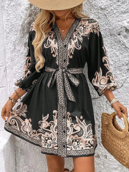 Paisley V-Neck 3/4 Sleeve Mini Dress – Elegant Boho Style Crimson Medea