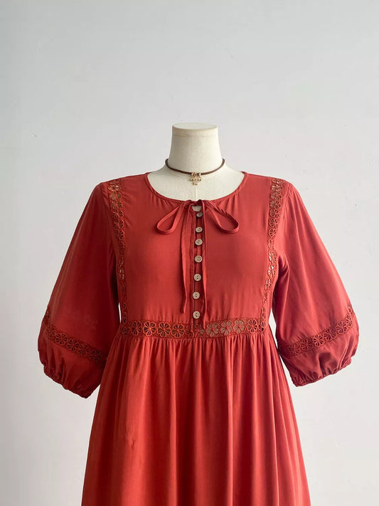Plus Size Tie Neck Puff Sleeve Midi Dress with Lace Trim Crimson Medea