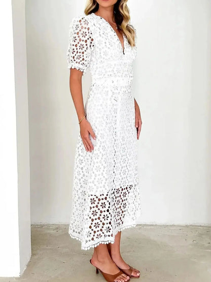 Eyelet Lace V-Neck Midi Dress with Puff Sleeves Crimson Medea