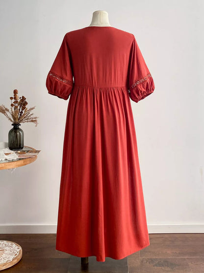 Plus Size Tie Neck Puff Sleeve Midi Dress with Lace Trim Crimson Medea