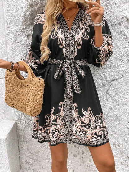 Paisley V-Neck 3/4 Sleeve Mini Dress – Elegant Boho Style Crimson Medea