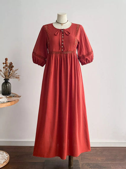 Plus Size Tie Neck Puff Sleeve Midi Dress with Lace Trim Crimson Medea