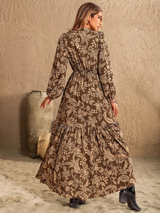Printed Ruched Long Sleeve Maxi Dress - Elegant Notched Neck Style Crimson Medea