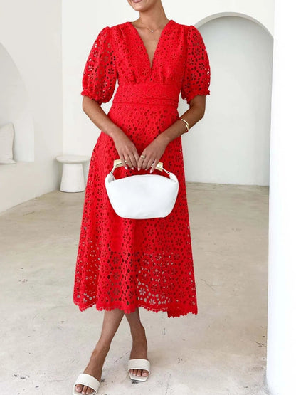 Eyelet Lace V-Neck Midi Dress with Puff Sleeves Crimson Medea
