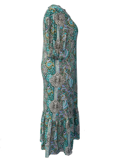 Paisley Print Ruffle Midi Dress - Plus Size Boho Style Crimson Medea