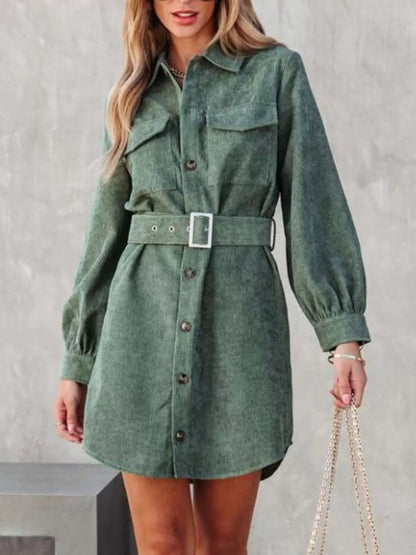 Button Front Belt Long Sleeve Corduroy Dress Crimson Medea