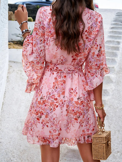 Ruffled Printed Mini Dress with Surplice Neckline and Half Sleeves Crimson Medea