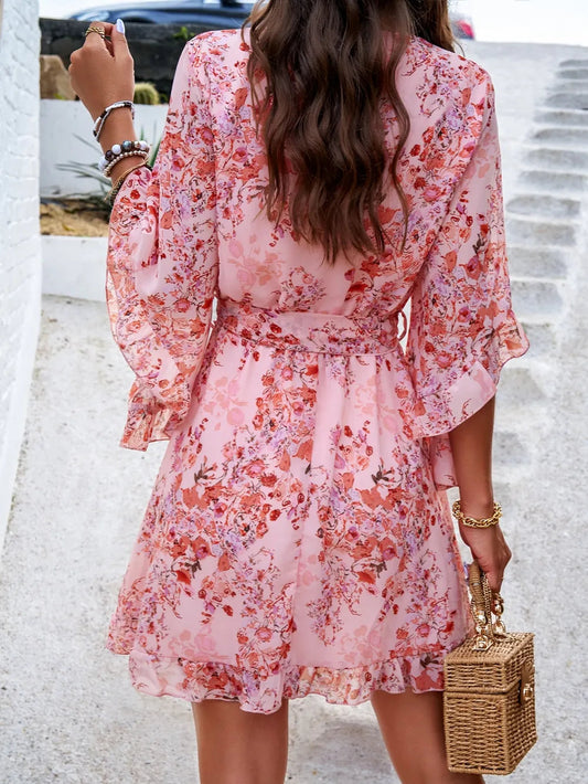 Ruffled Printed Mini Dress with Surplice Neckline and Half Sleeves Crimson Medea