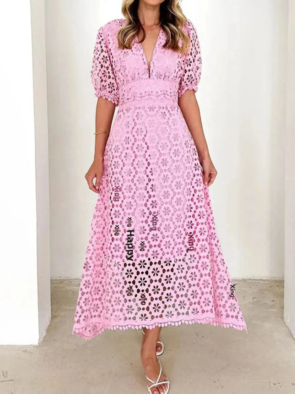 Eyelet Lace V-Neck Midi Dress with Puff Sleeves Crimson Medea
