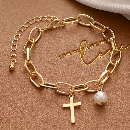 Womens Oval Link Bracelet With Cross Charm and Faux Pearl Yellow Pandora