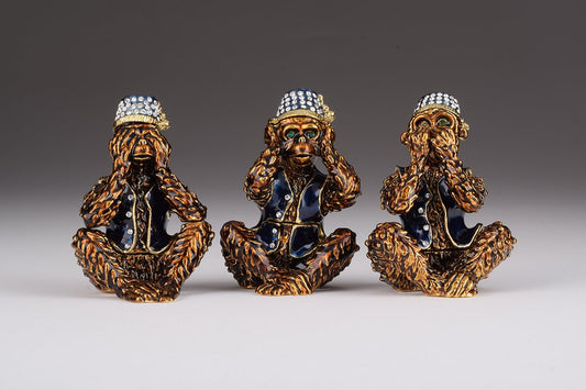 Three Wise Monkeys “See No Evil, Hear No Evil, Speak No Evil” – Handcrafted Enamel Figurine Set Orchid Menoetius