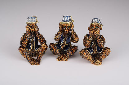 Three Wise Monkeys “See No Evil, Hear No Evil, Speak No Evil” – Handcrafted Enamel Figurine Set Orchid Menoetius