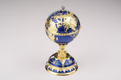 Globe Faberge Egg with Sailing Ship  - Handcrafted Enamel Decorative Box Orchid Menoetius