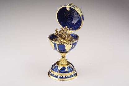 Globe Faberge Egg with Sailing Ship  - Handcrafted Enamel Decorative Box Orchid Menoetius