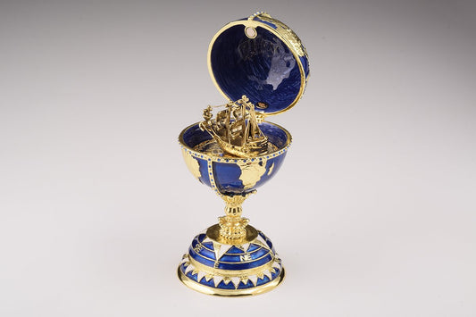 Globe Faberge Egg with Sailing Ship  - Handcrafted Enamel Decorative Box Orchid Menoetius