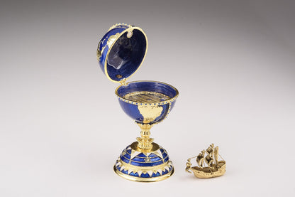 Globe Faberge Egg with Sailing Ship  - Handcrafted Enamel Decorative Box Orchid Menoetius