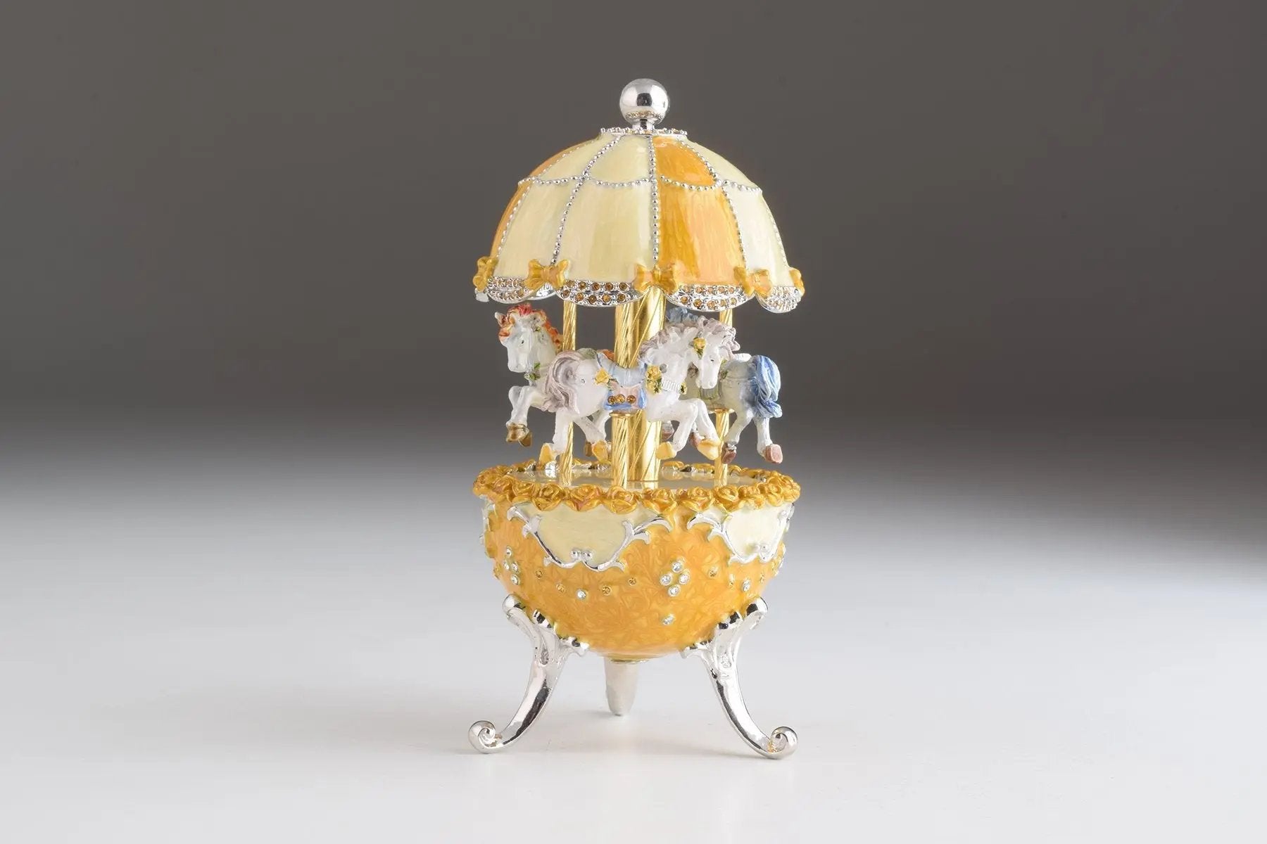 Yellow Faberge-Style Egg Carousel Wind-Up Music Box Orchid Menoetius