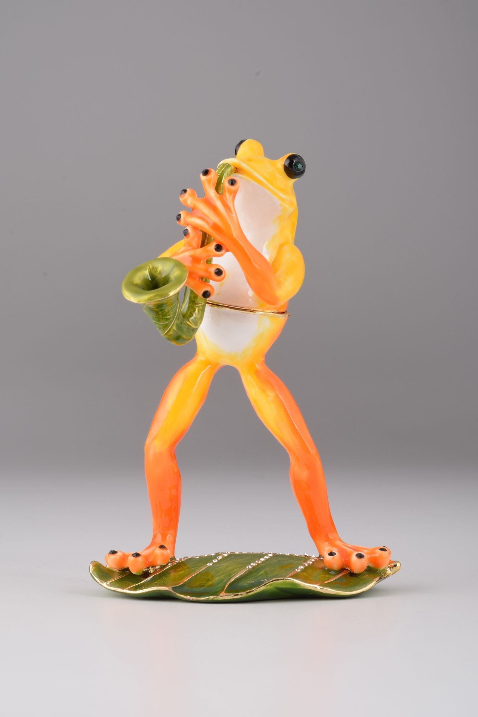 Frog Playing a Saxophone - Handcrafted Enamel Musician Figurine Orchid Menoetius