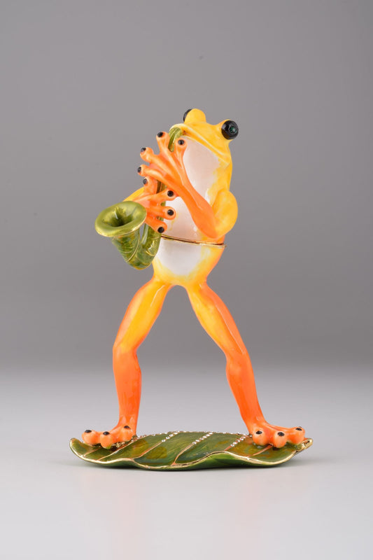 Frog Playing a Saxophone - Handcrafted Enamel Musician Figurine Orchid Menoetius