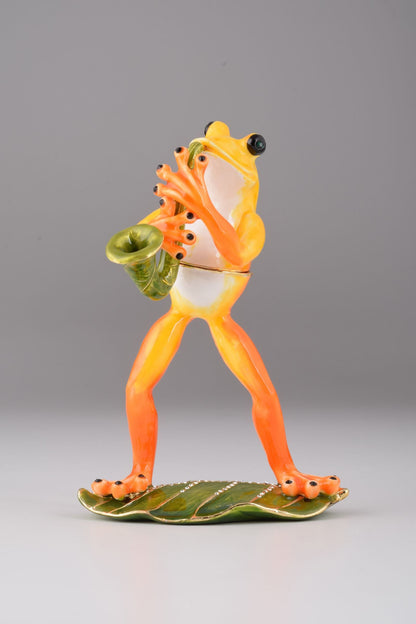 Frog Playing a Saxophone - Handcrafted Enamel Musician Figurine Orchid Menoetius
