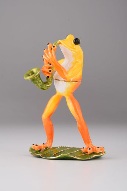 Frog Playing a Saxophone - Handcrafted Enamel Musician Figurine Orchid Menoetius